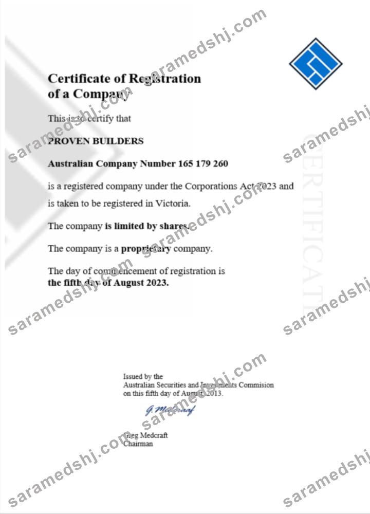 Australia certificate of registration Word and PDF template